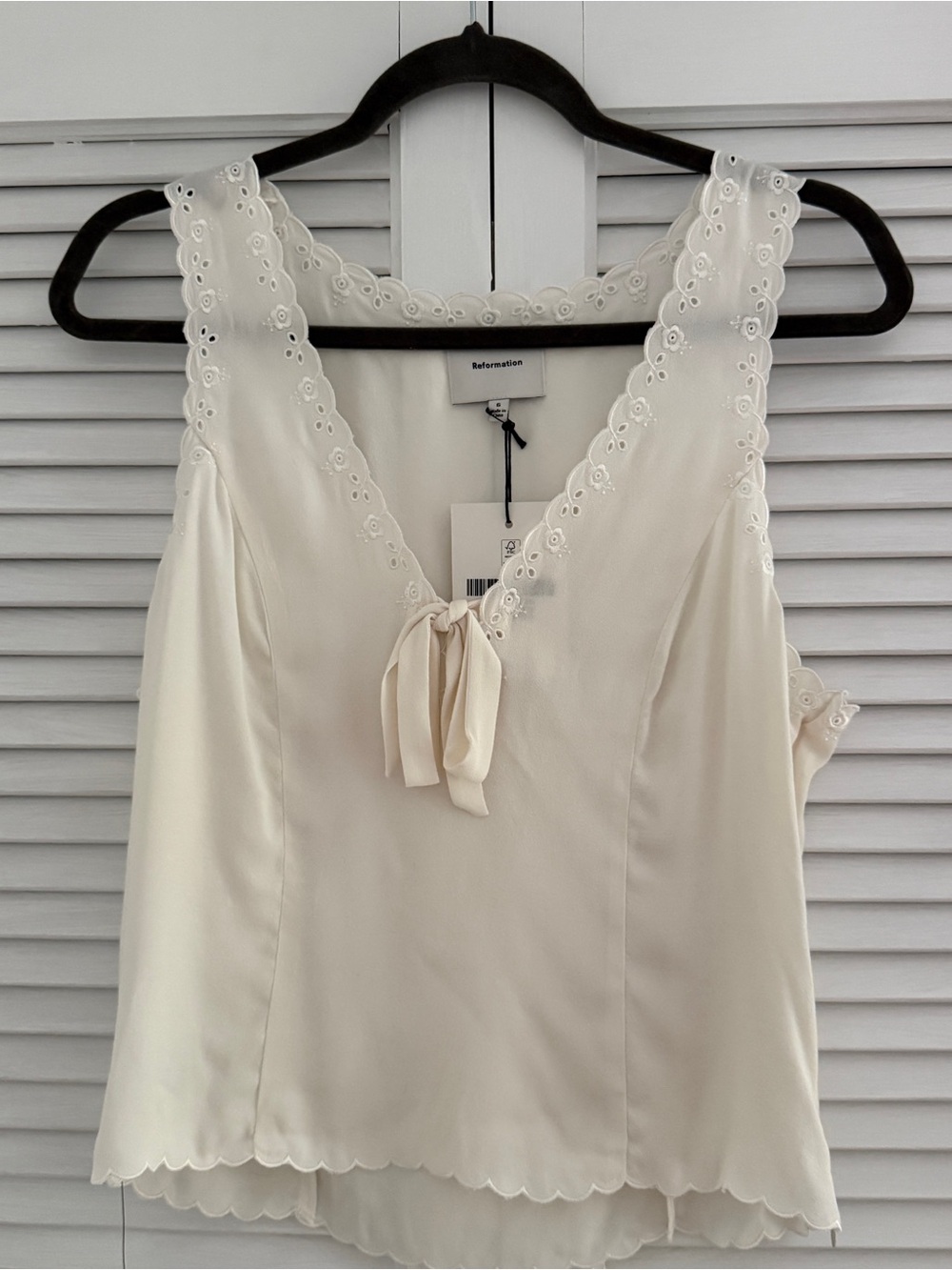 Reformation Cream Eyelet Trim Silk Tank